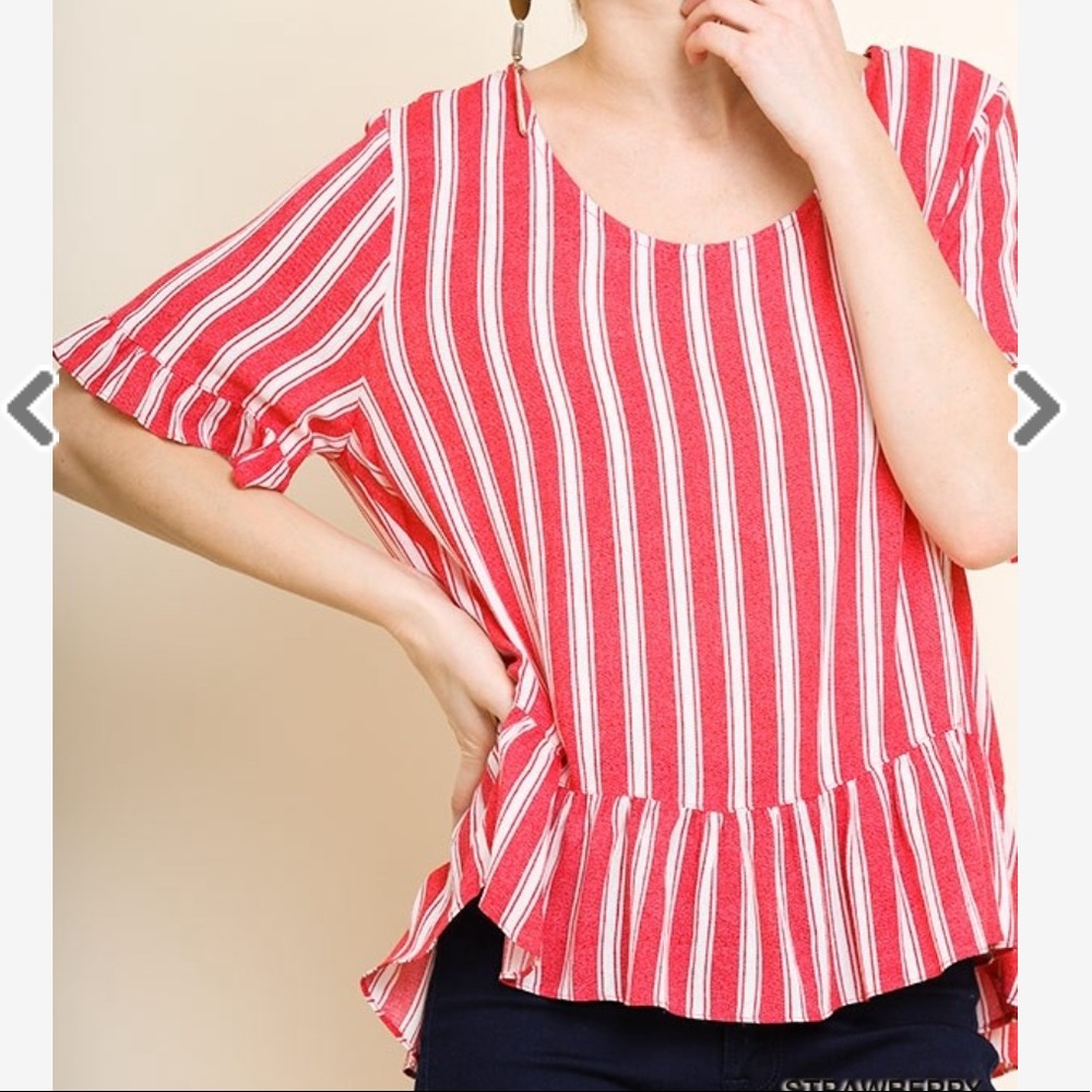 Umgee Striped Short Sleeve Top with Ruffled Hem